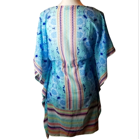 Ellen Weaver Aqua Blues Sleeves Semi- Sheer Boho  Beaded Overlay - Picture 3 of 6